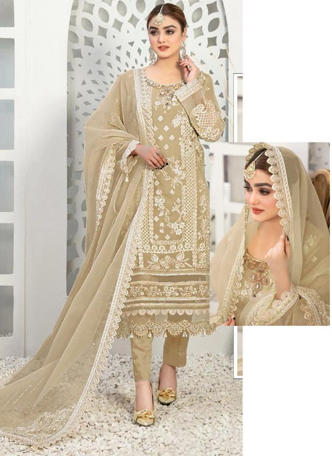 Organza Beige Eid Wear Embroidery Work Pakistani Suit